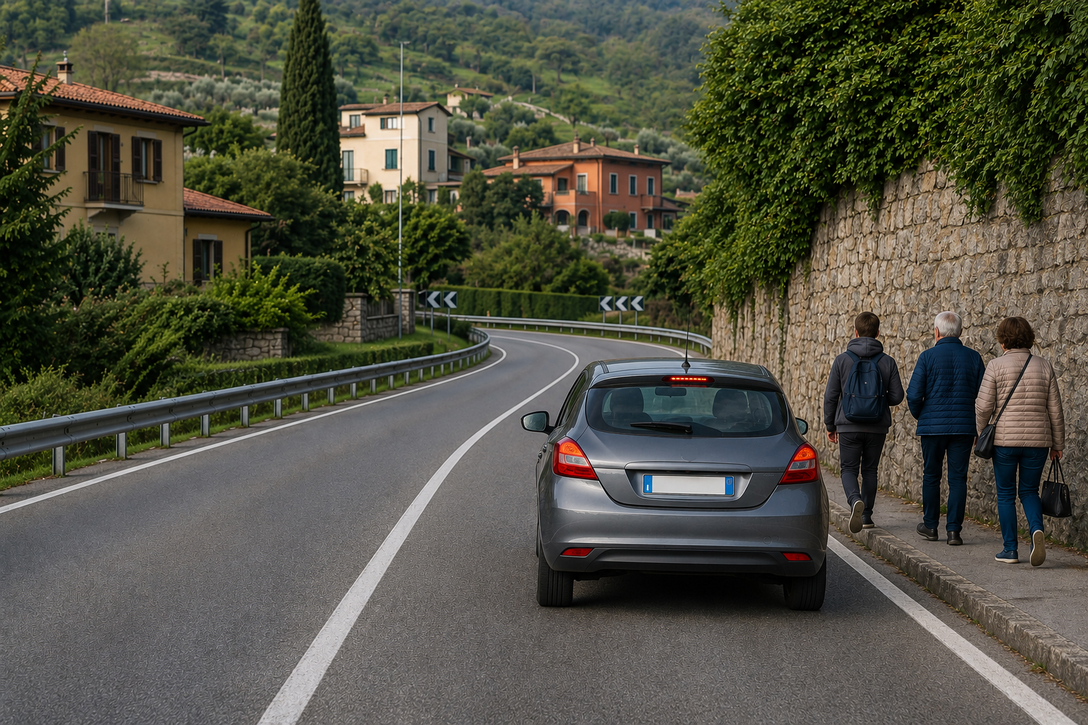 Automobile che rallenta prima di una curva con visibilità ridotta e presenza di pedoni vicino alla carreggiata