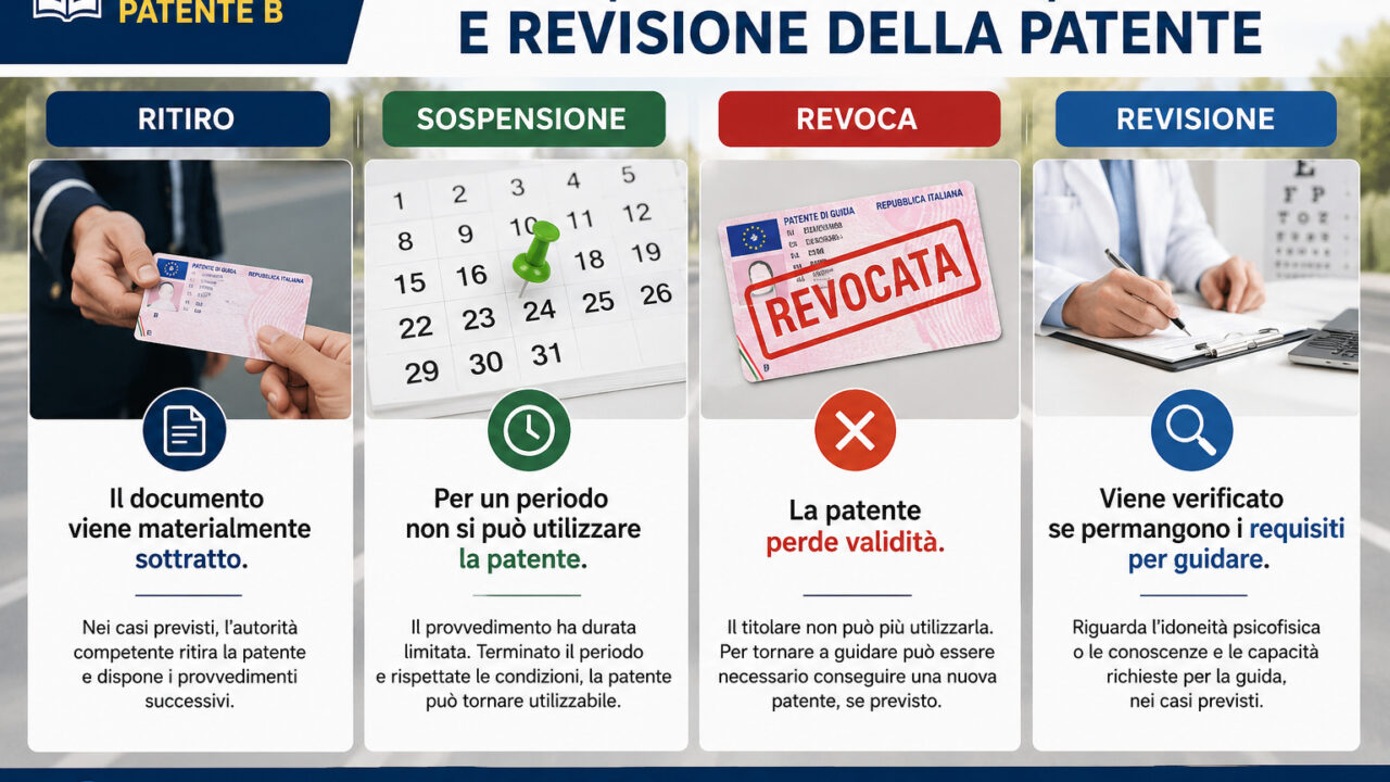 Confronto didattico tra ritiro, sospensione, revoca e revisione della patente di guida