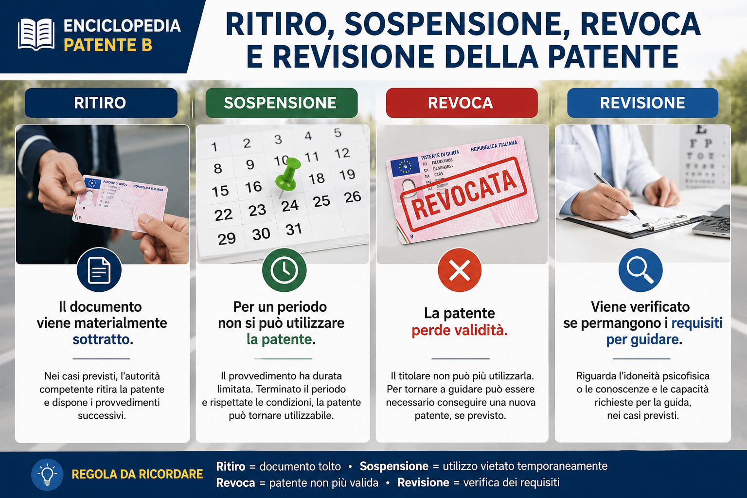 Ritiro, sospensione, revoca e revisione della patente nei quiz d'esame patente B