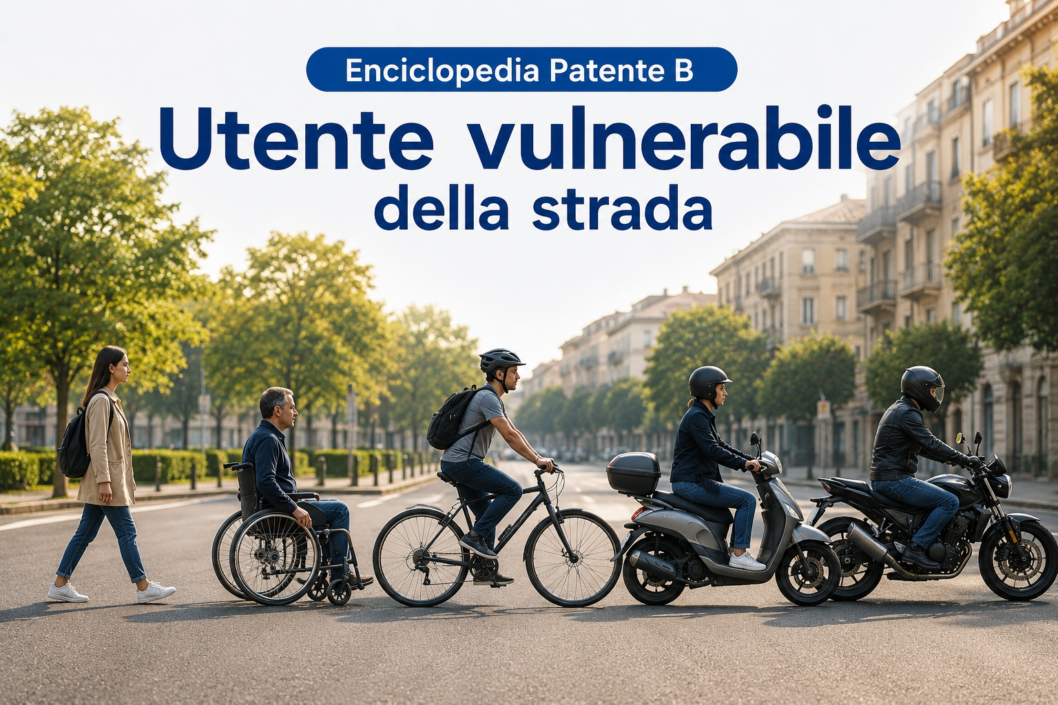 Utenti vulnerabili della strada con pedone, persona con disabilità, ciclista, conducente di ciclomotore e motociclista