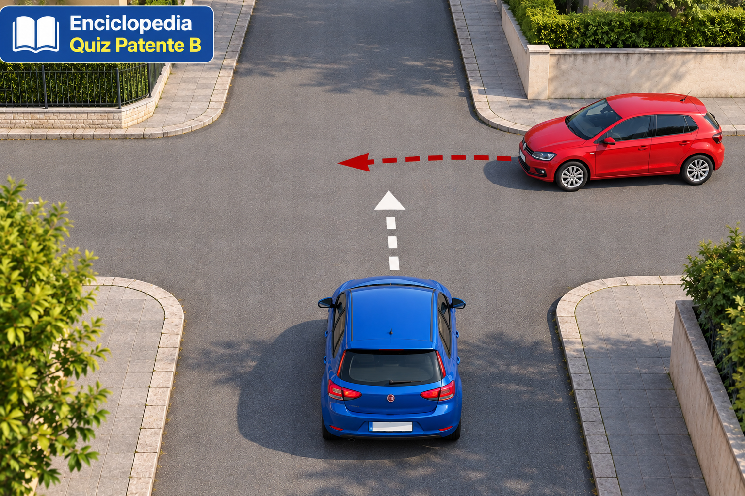 Due automobili a un'intersezione senza segnali con applicazione della precedenza a destra